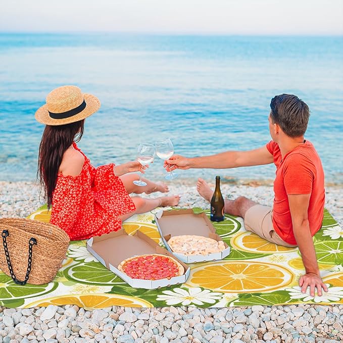 Waterproof Sandproof Beach Blanket 59''×68'' Lemon Seamless Pattern Polyester Outdoor Picnic Blanket with 4 Stakes &amp Storage Bag for BeachCampingVacation