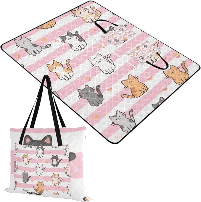 KLL Pink White Stripes Cartoon Cat Waterproof Picnic Essentials Packable Hiking Camp Rug for Ground Spring Gifts manta para picnic campo