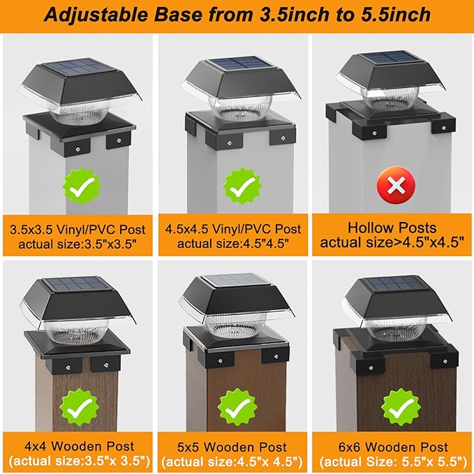 Solar Post Cap Lights Outdoor Deck Fence Post Lights wtih 120 Lumen Warm Light &amp Cool Light 3.5in-5.5in Adjustable Base Fit 4x4 5x5 Wood Post &amp 4x4 Vinyl/Metal Post for Patio Porch Backy