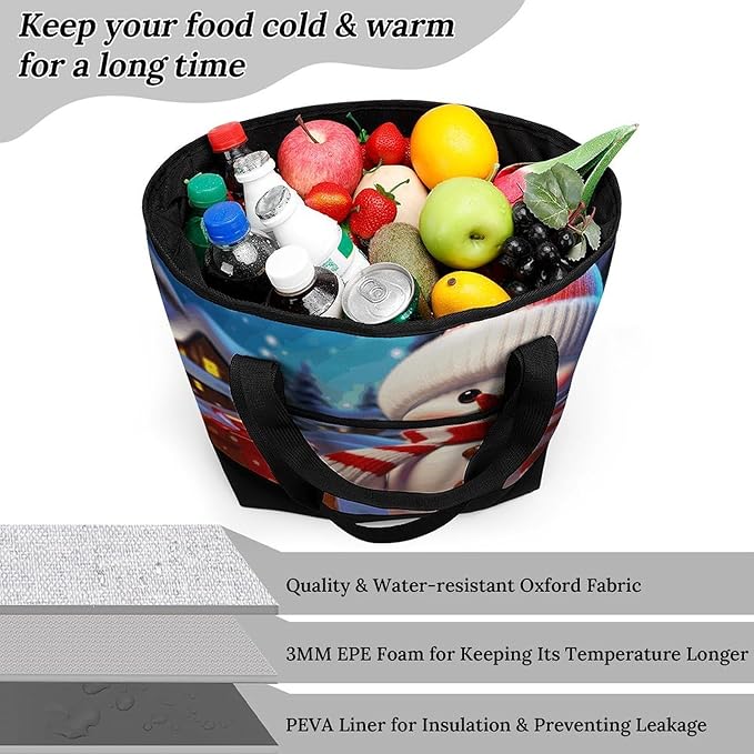 Insulated Shopping BagLarge Reusable Cooler Bags Cute Snowman Printed Foldable Shopping BagTravel Waterproof Shoulder Bag