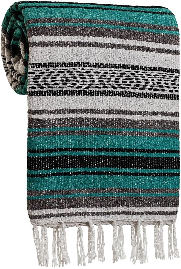 Large Mexican Blanket in Teal — Handcrafted Serape Falsa Yoga Blanket (73” x 48”) – Durable Throw for Camping Beach &amp Outdoor Use – Artisan Craft Made in Mexico from Recycled Fibers