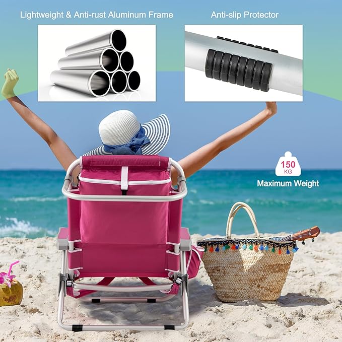 Goplus Beach Chair 2 Pack 330lbs Folding Backpack Chairs for Adults with 5 Positions Storage Pockets Towel Bar &amp Headrest Foldable Low Beach Lounge Portable Aluminum Lay Flat Camping Chair