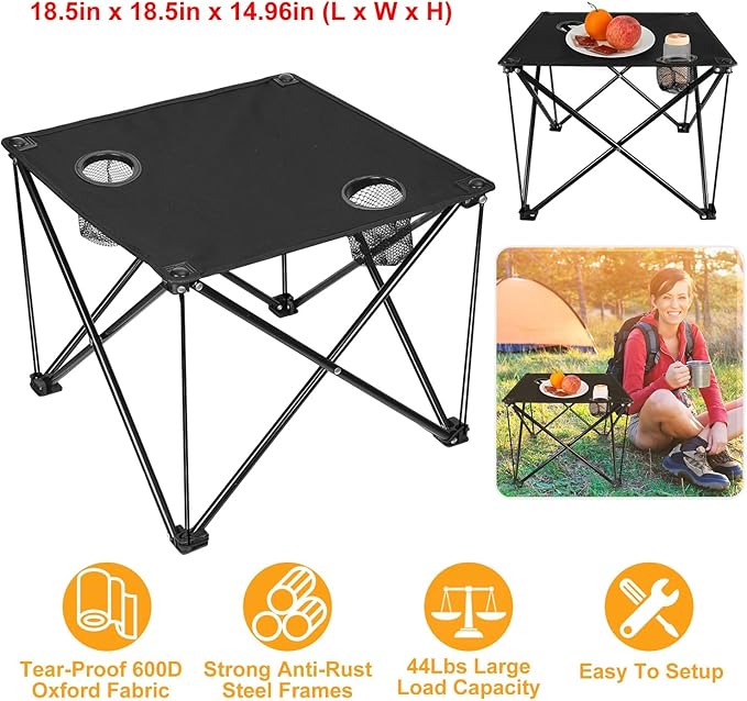 Foldable Camping Table Portable Beach Table Lightweight Picnic Table with Carry Bag Cup Holder Outdoor Travel Desk for Camping Hiking Picnics BBQs Beach Trips (Black)