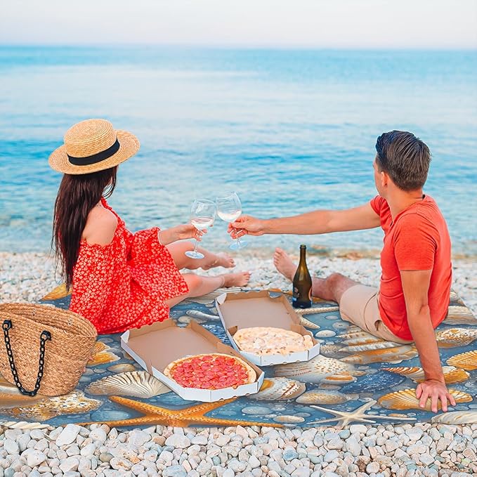 Waterproof Sandproof Beach Blanket 59''×68'' Conch Shells Polyester Outdoor Picnic Blanket with 4 Stakes &amp Storage Bag for BeachCampingVacation Oceans