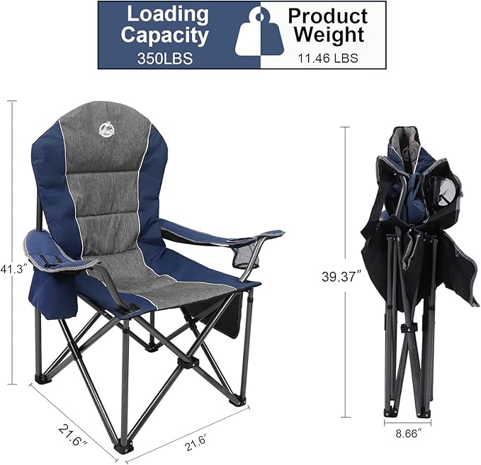 Northroad Oversized Portable Camping Chair Full Padded Outdoor Folding Chair Support 350 LBS Heavy Duty Lawn Chair with Cup Holder Cooler Bag Lumbar Support Head Pocket for Adult-Blue