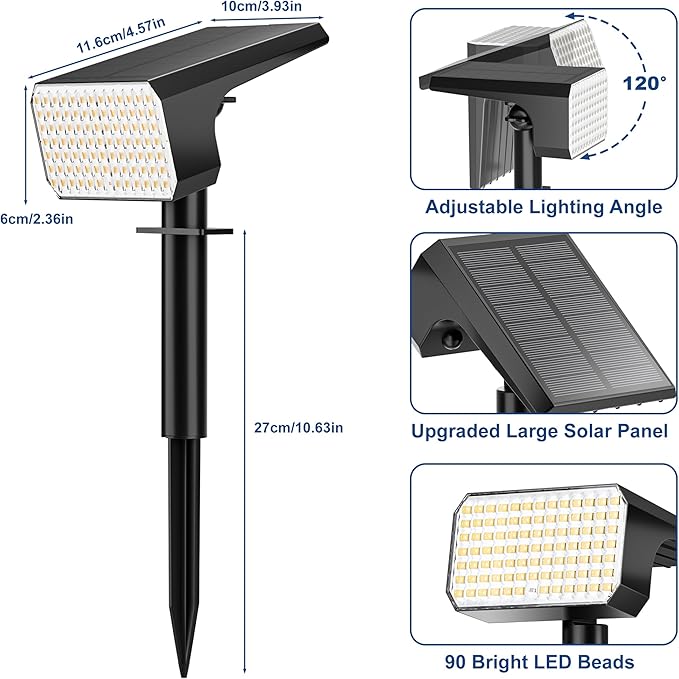LANSOW 12 Pack Solar Spot Lights Outdoor Waterproof IP67 (90 LED/4 Modes) Solar Landscape Spotlights 2-in-1 Solar Powered Flood Lights for Yard Garden Pathway Outside Tree Auto ON/Off(Warm White)
