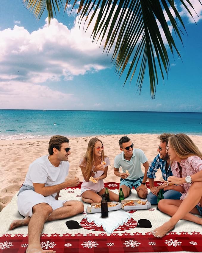 Beach Blanket Waterproof Sandproof OversizedChristmas Snowflake Cute Dwarf Red Buffalo Check Beach Mat with Corner Stakes Sand PocketsWinter Flower Outdoor Picnic Mat for Travel Camping 83x79In