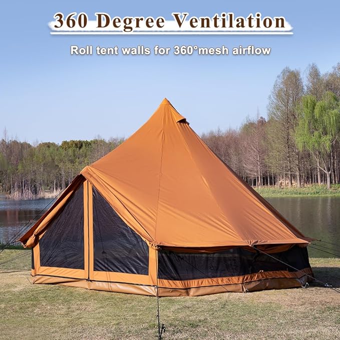TOMOUNT Canvas Bell Tent with Stove Jack 4-6 Person Use with 360° Ventilated Mesh Dia13.1FT for Family Camping Glamping Yurt Tent 4 Seasons