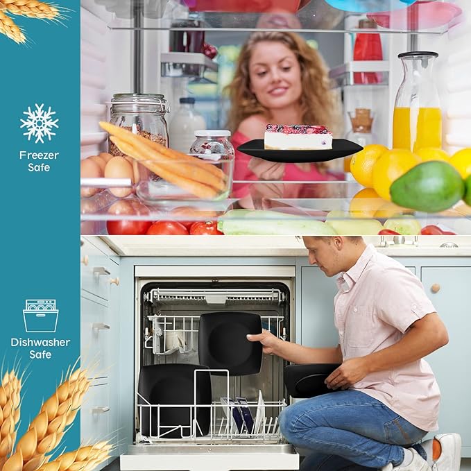 Teivio 16-piece Plastic Wheat Straw Square Dinnerware Set for 4 Unbreakable Dinner Plates Salad Plates Snack Bowls Tumblers 13.5 oz Dishwasher Safe Kitchen Outdoor CampingBlack