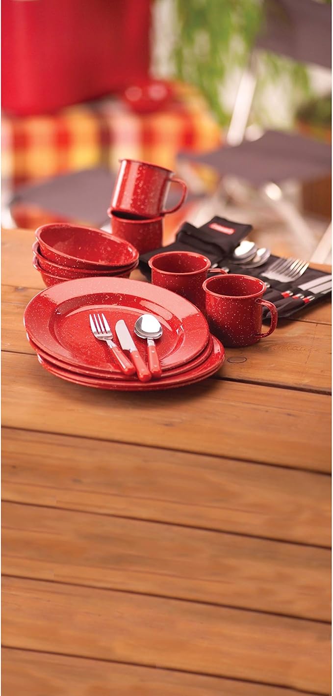 Coleman 24-Piece Enamel Dinnerware Set for Outdoor Dining Dishwasher Safe Full Dinnerware &amp Flatware Set for 4 People