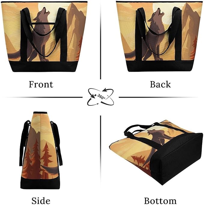 Insulated Shopping BagLarge Reusable Cooler Bags Wolf Printed Foldable Shopping BagTravel Waterproof Shoulder Bag