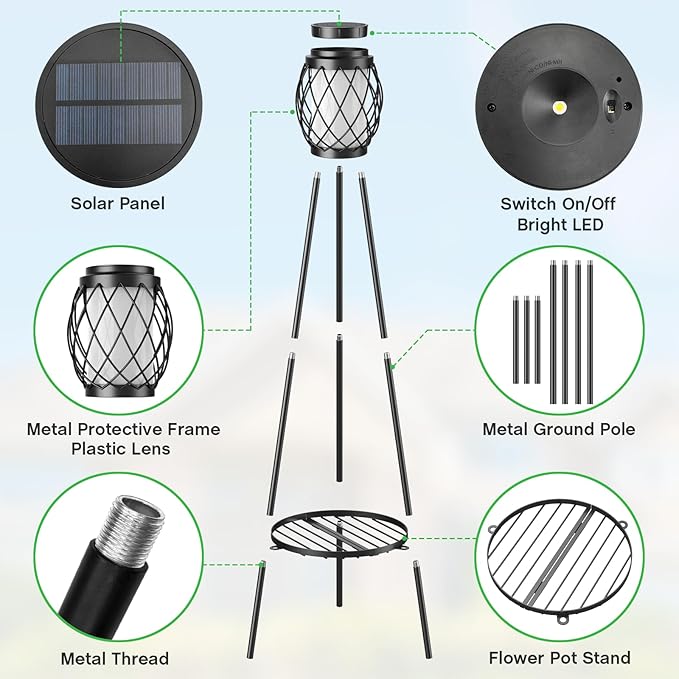MXwcy Solar Lights Outdoor with Plant Stands 2 Pack Solar Floor Lamp Metal Tripod Patio Lights for Garden Yard Pathway Driveway Front/Back Porch Decoration