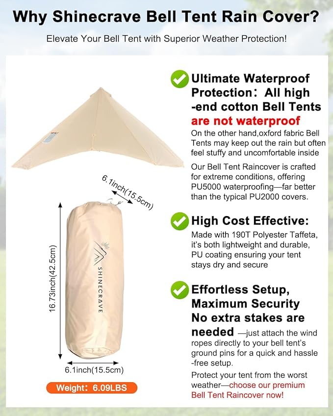 Bell Tent Rain Cover Protector with Stove Jack and Roof Vents for CampingWaterproofPU5000Glamping Bell Tent Rain Fly with Stove Jack4 Season(Beige for 13ft(4m) Size)