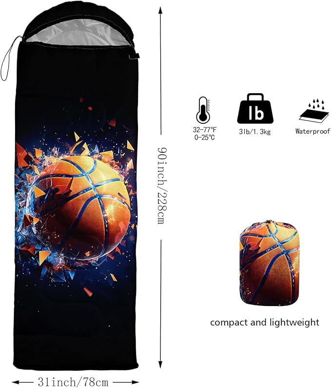 AILONEN Sports Basketball Sleeping Bag for Kids BoysWarm and Cool WeatherLightweightWaterproof Backpacking3D Galaxy Ball Print Sleeping Bag for Camping
