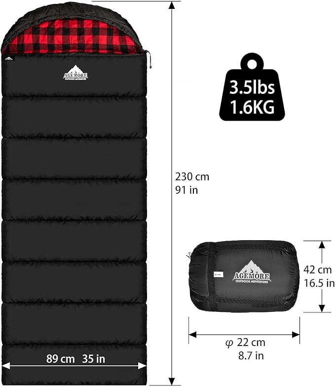 AGEMORE Cotton Flannel Sleeping Bag for Adults Lightweight XXL Cotton Sleeping Bag for Camping Backpacking or Hiking Water Resistant 3-4 Season Sleeping bag for Warm &amp Cool Weather