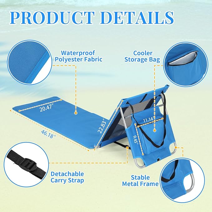 Portable Foldable Beach Lounger Lightweight Beach Mat Lounge Chair with Breathable Mesh Tote Cooler Pocket for Tanning Relaxing Compact &amp Ultimate Gear (Blue)
