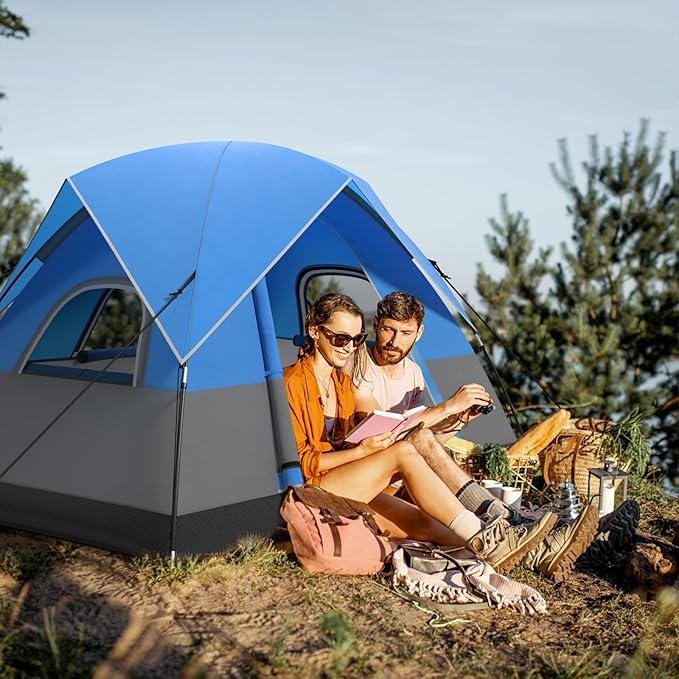Goplus Camping Tent for 2-3 People Waterproof &amp Windproof Family Dome Tent w/Removable Rainfly Floor Mat Carrying Bag 4 Mesh Windows Easy Setup Portable Backpacking Hiking Fishing Tent