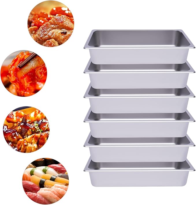 6 Pack Full Size Stainless Steel Steam Hotel Pan 20.87 x 12.99 x 4 In Pan Food Service Steam Table Pan for Party Kitchen Restaurant Hotel
