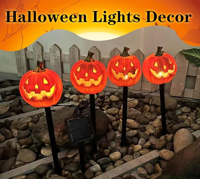 4 Pack Halloween Pumpkin Pathway Solar Lights Orange Yard Stake String Lights Halloween Outdoor Decorations Waterproof LED Pumpkin Halloween Décor Walkway Lights