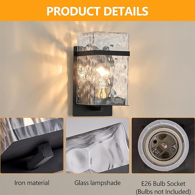 Outdoor Wall LightExterior Waterproof LanternsBlack Porch Sconces Wall Mounted Lighting with E26 Sockets &amp Glass Shades for GarageDoorwayPatioFront Door