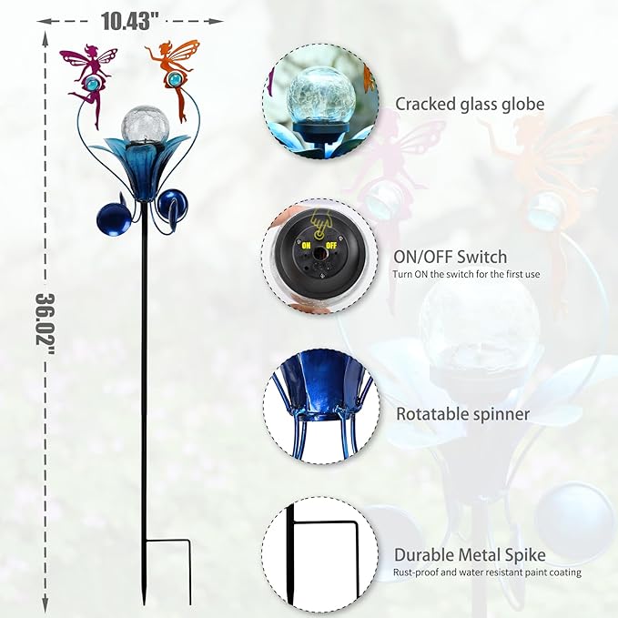VCUTEKA Solar Lights Outdoor Metal Garden Stake Waterproof Crackle Glass Globe Garden Decor Fairy for Pathway Lawn Patio Yard