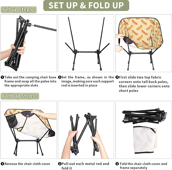 Cheese Hot Dog Camping Chairs for Adults Ultralight Folding Chairs Outside Portable Camp Backpacking Chair with Side Pocket Storage Bag Compact Beach Chairs for Hiking Fishing