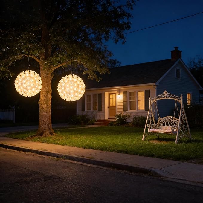 Warm White Starlight Sphere Lights 7.5 Inches UL Certified and Commercial Grade LED Hanging Sphere Light for Indoor and Outdoor Christmas Patio Garden.