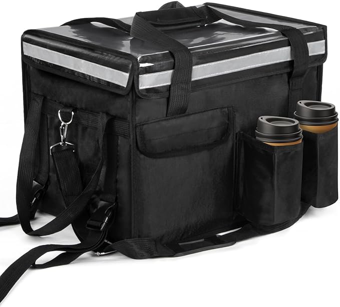 Insulated Bags for Food Delivery with Cup Holder 17.3 x 13.5 x 12.5 Support Frame &amp Hard Bottom Plate Waterproof Commercial Insulated Food Delivery Bag Drink Carriers for Doordash w/Divider