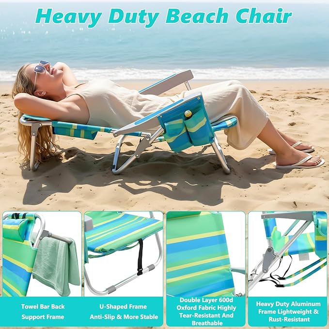 2 Pack Low Beach Chair for Adults5 Position Lay Flat Portable Folding Aluminum Reclining Backpack Beach Chairs Heavy Duty with Cup Holder Large Pocket for Outdoor/Lawn/Picnic/Fishing