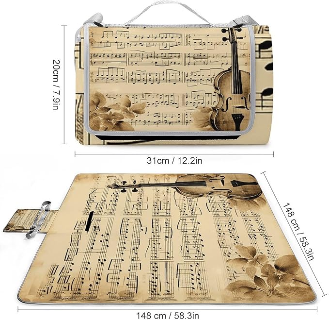 Music Notes on Old Paper Beach BlanketPortable Waterproof Picnic Blanket58.3''x 58.3'' Extra Large Picnic Mat for BeachCamping Grass Lawn Park Accessorie for Festival BBQ