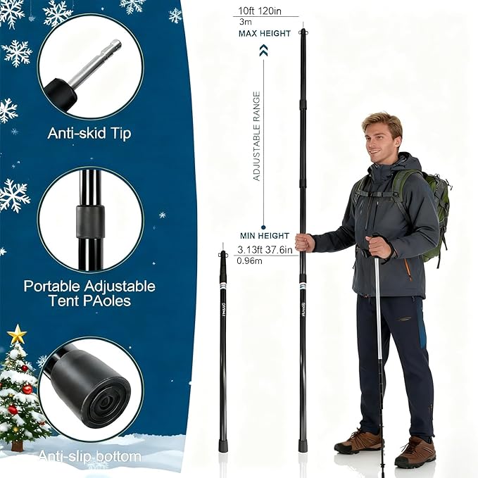 GEEWAY 2 Pcs 10FT Tarp Poles for Camping Heavy Duty Telescoping Tent Pole Aluminum Adjustable Tent Poles for Outdoor Activity Wilderness Adventure and RV Travel (Black)