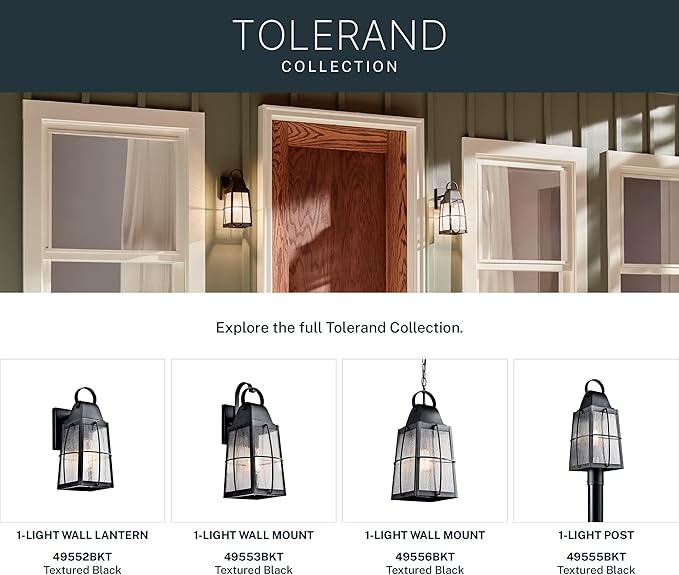 Kichler Tolerand 17.75 Outdoor Wall Light in Textured Black 1-Light Exterior Wall Sconce Porch Light with Clear Seeded Glass (17.75 H x 7.75 W) 49553BKT