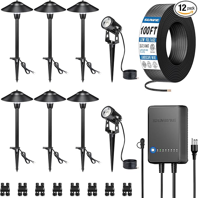 SUNVIE All-in-One LED Low Voltage Landscape Lighting Kit 6 Pathway Lights 2 Spotlights with 60W Photocell Transformer 100FT Wire for Path&ampGarden Aluminum ETL Listed Dusk to Dawn Waterproof 30