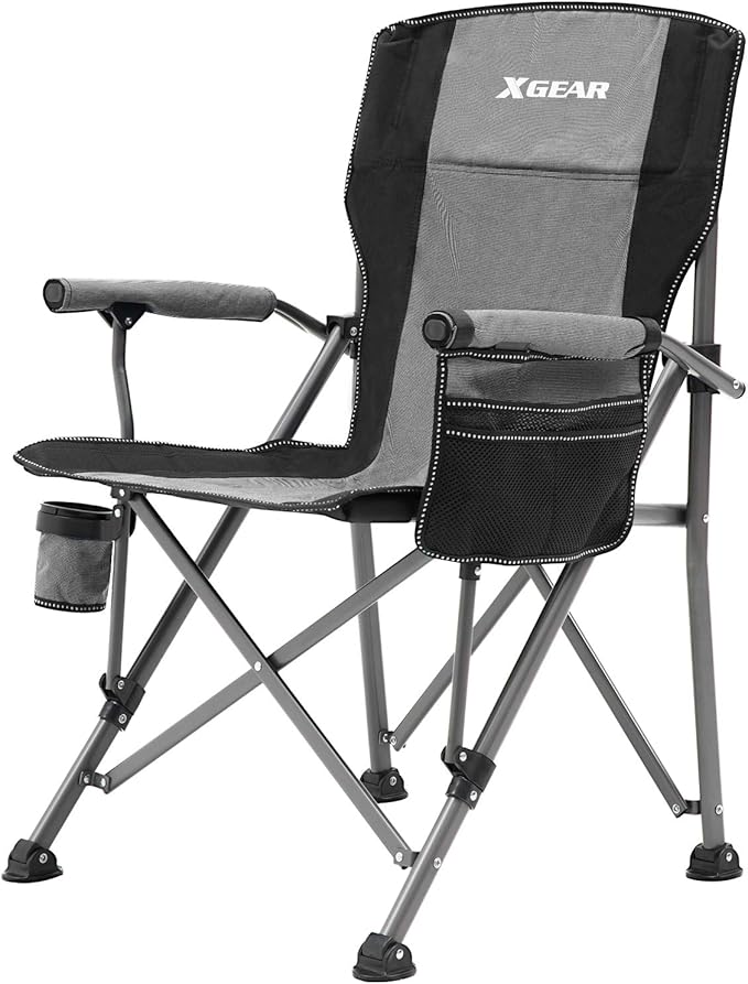 XGEAR Camping Chair Hard Arm High Back Lawn Chair Heavy Duty with Cup Holder for Camp Fishing Hiking Outdoor Carry Bag Included