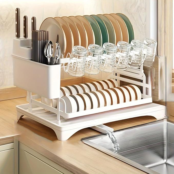 BCWW 2-Tier Dish Racks for Kitchen Counter Multifunctional Dish Drying Rack Large Capacity Metal Kitchen Dishes Drying Rack Plate Organizer for Bowls/Cups/Bottles (White)