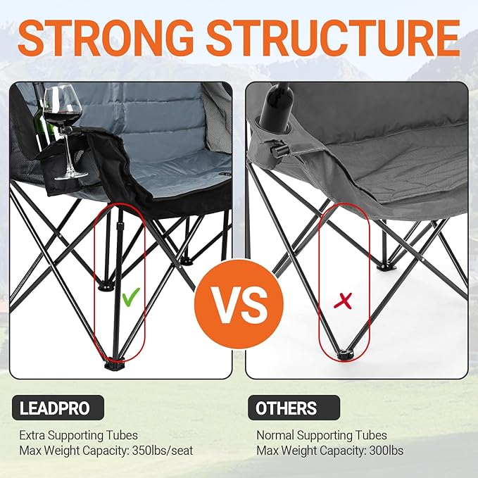 Double Camping Chair for Adults - Heavy Duty 700LB Oversized Padded Camping Loveseat 2 Person Folding Outdoor Chair with Cup Holders for Lawn Backyard (Grey)