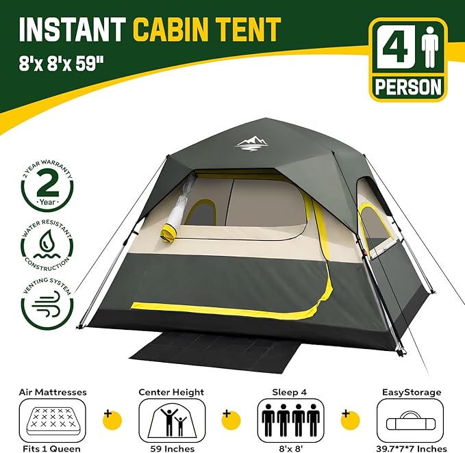 Tent 4 Person Tents for Camping - Instant Cabin Tent Setup in 50 Seconds with Rainfly &amp Windproof Portable Pop Up Tents with Carry Bag for Family Outdoor Camping &amp Hiking