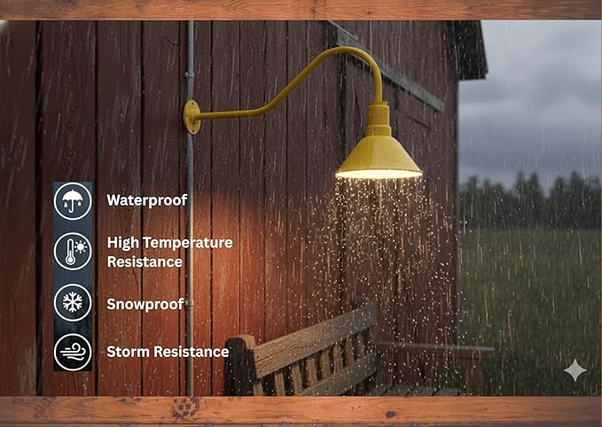 AGB101-AA9-Yellow Barn Lights Outdoor Fixture with Gooseneck Lamp - Classic Gooseneck Light Dome | Wall Mount RLM Design for Patios Gardens Entryways Garages Exterior Home Lighting
