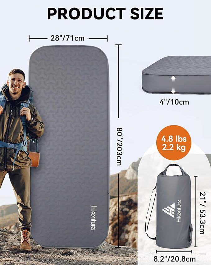 Hikenture 4 Thick Self Inflating Sleeping Pad Foam &amp Air Camping Mattress 9.5 R-Value Insulated Sleeping Mat Portable All Season Camping Pad for Tent Car Cot Truck