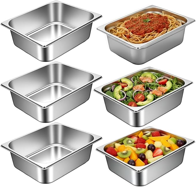 6 Pack Hotel Pans Steam Table Pan 1/2 Size 4 Inch Deep Stainless Steel Steam Table Pans Catering Food Pan Breading Tray for Chafing Dishes Buffet Restaurant