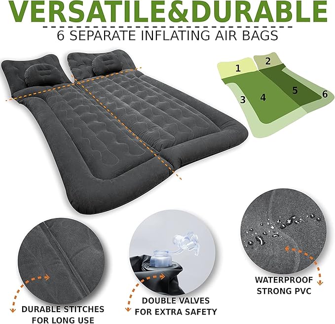 ZONETECH Car Inflatable Trunk Air Mattress- Flocking Travel Blow Up Bed with Pump and 2 Pillows Universal for Cars SUVs or Trucks 2 Pack