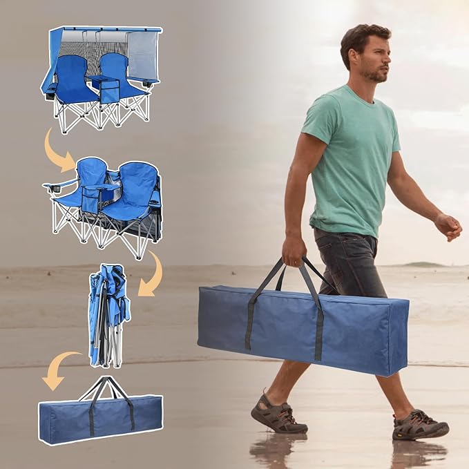 BESTHLS Double Camping Chair with Canopy Shade - Heavy Duty 600D Outdoor Loveseat for Adults 2-Person Beach Chair with Umbrella Folding Camp Loveseat for Fishing Sports Patio (Blue)