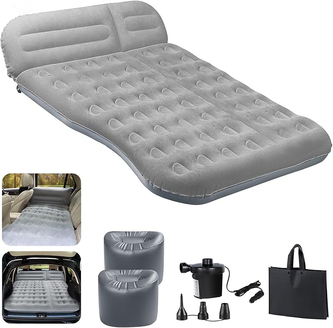 SUV Air MattressThickened Flocked Camping Bed for CarIncludes Electric Pump &amp 2 Foot PedalsPortable Inflatable car Mattress (Gray)
