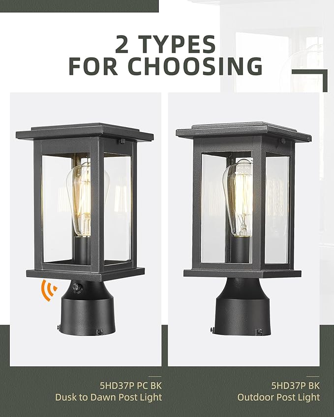 Dusk to Dawn Outdoor Post Lamp HWH 12.2 Inch Exterior Pole Lantern with Photocell Sensor Lamp Post Light with Clear Glass 5HD37P PC BK
