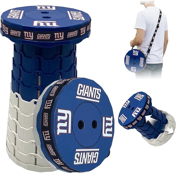 Sporticulture NFL New York Giants Telescoping Collapsible Stool 500lbs Max Weight Portable Adjustable Height Folding Camping Stool with Carry Strap Retractable Stadium Have A Seat Outdoor Sports Fan