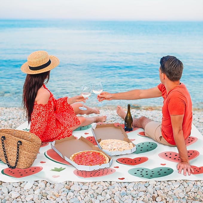 Waterproof Sandproof Beach Blanket 59''×68'' Frui Polyester Outdoor Picnic Blanket with 4 Stakes &amp Storage Bag for BeachCampingVacation Love Watermelon