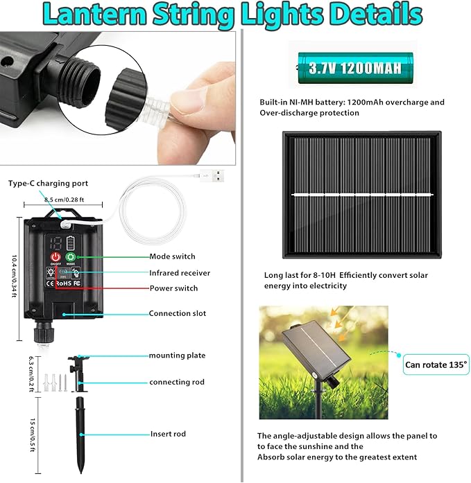 Solar Lantern String Lights Waterproof Outdoor 40ft 40Led Warm White &amp Multi-Color Garden Lights Hanging Hemp Rope Nylon Lanterns with Remote Timer for Yard Balcony Fences Porch
