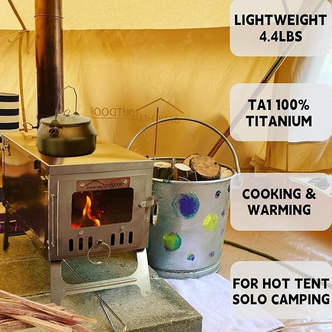 DANCHEL OUTDOOR Backpacking Hot Tent w/Stove Jack Portable Tipi Tent with T6 Titanium Folding Wood Stove for 1-4 Person Winter Camping Hunting3m/4m