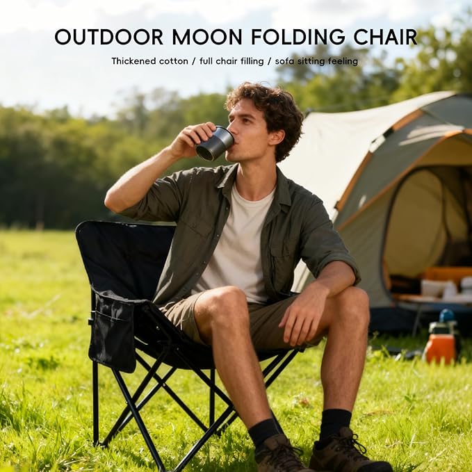 Outdoor 3-Layer Padding High Back Moon Chair with Thick Cotton 600D Oxford Fabric Portable Folding Camping Chair with Side Pocket Supports up to 300lbs (Black)