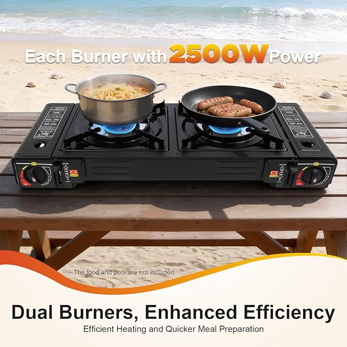 2-Burner Portable Camping Stove Butane Camping Stove Outdoor Travel Camp Stove for Camping BBQ Home (with Grill Tray)